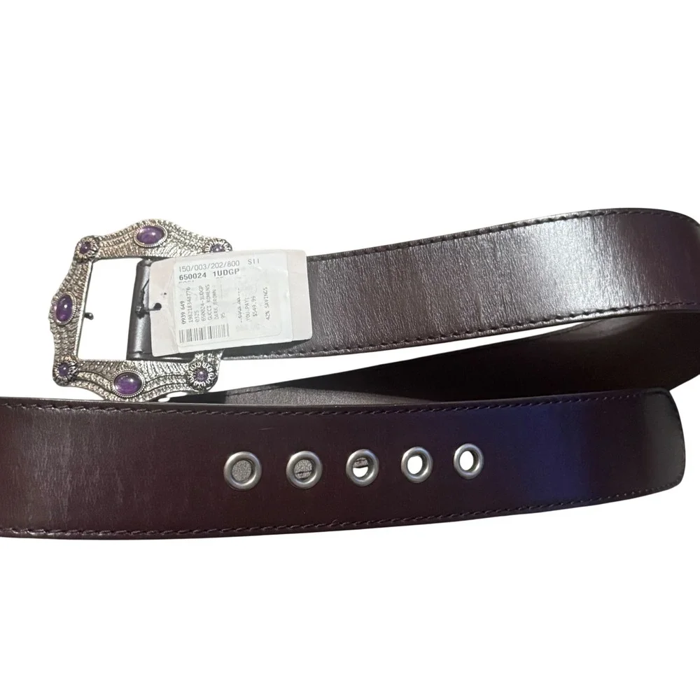 NWT‎ GUCCI Y2K Boho Womens Dark Brown Leather Belt Amethyst Buckle 95 38 $950